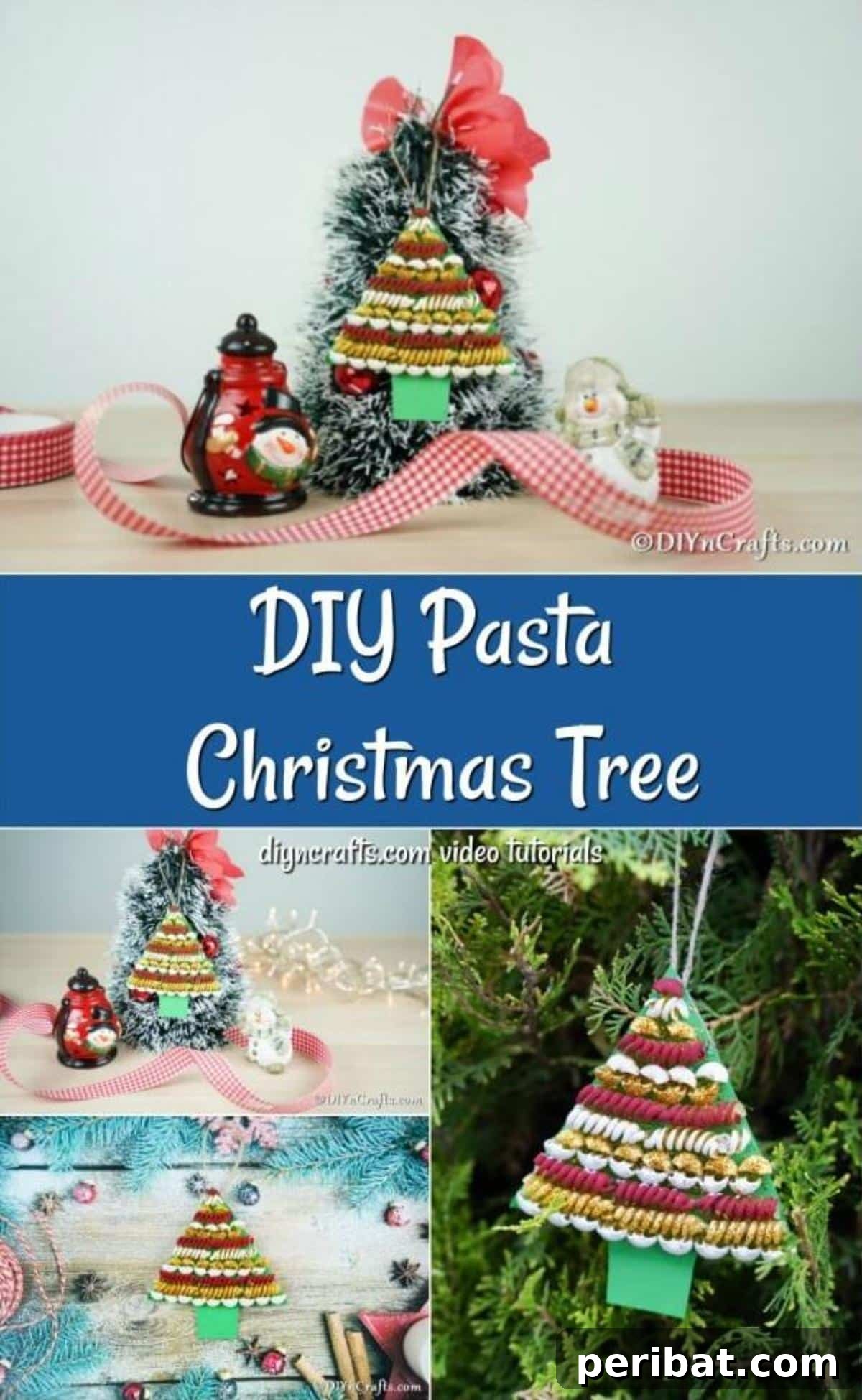 Whimsical Pasta Christmas Tree Decor 2 A collage of a christmas tree decoration made with pasta showcasing steps and the final product