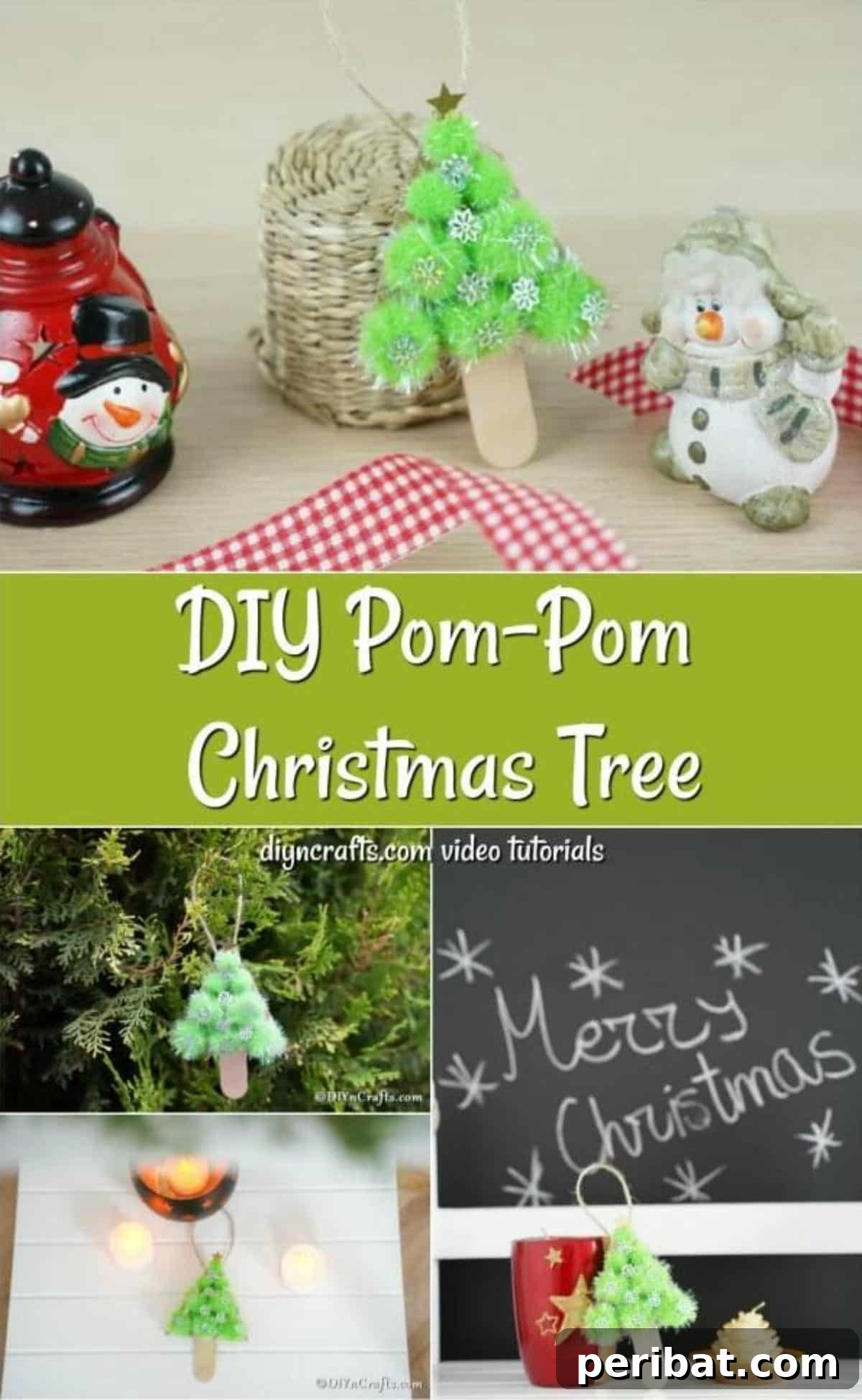 Whimsical Pom Pom Christmas Tree Decoration 2 A collage demonstrating the step-by-step process of crafting a pom pom tree Christmas ornament