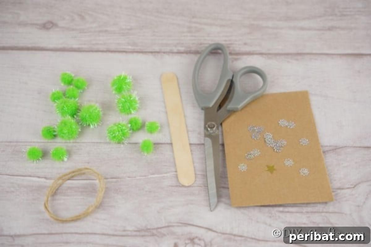 Whimsical Pom Pom Christmas Tree Decoration 6 A neatly organized collection of supplies needed for making pom pom trees for Christmas ornaments