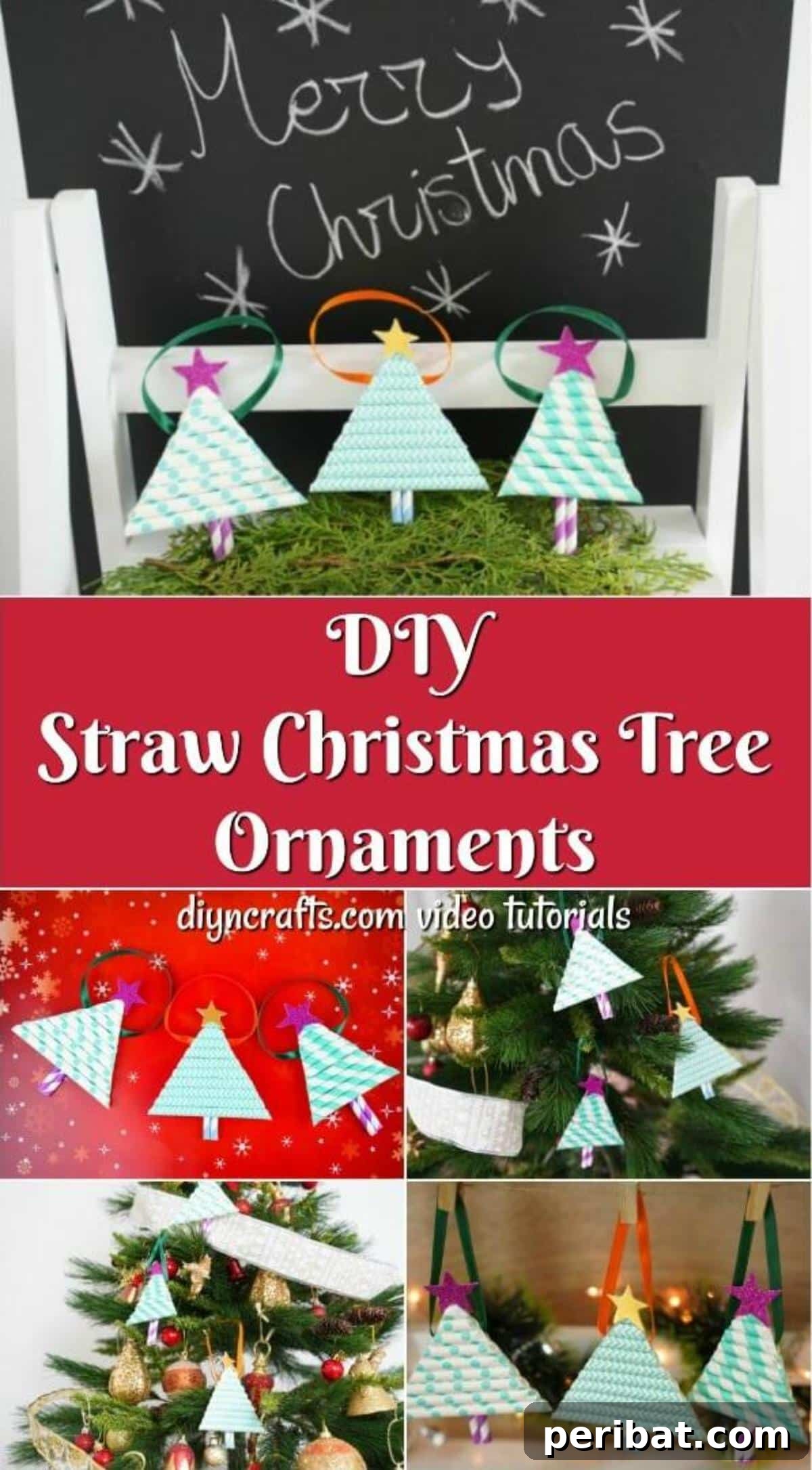 A collage image of paper Christmas trees hanging up made from paper straws