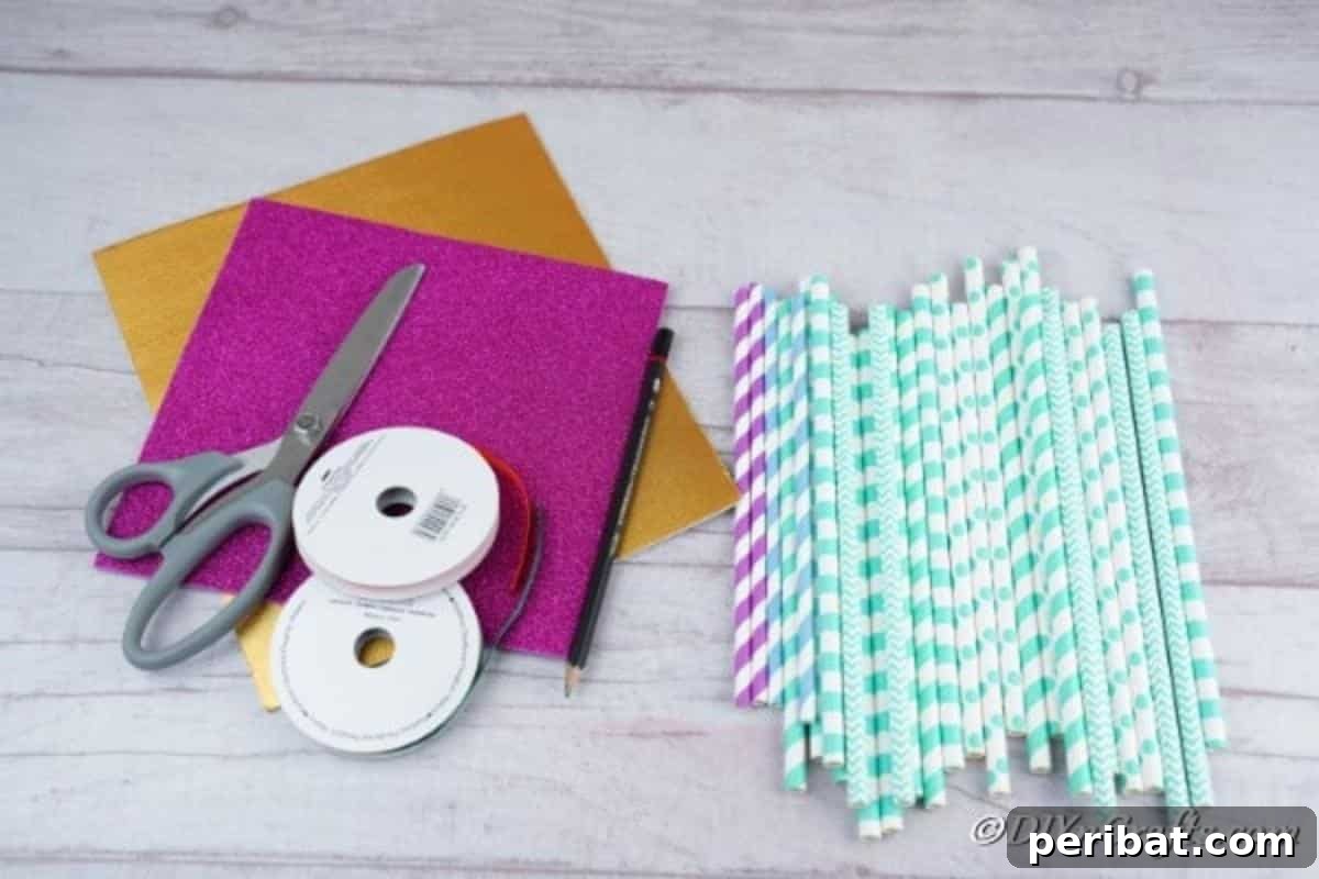 Supplies needed to make a paper Christmas tree out of paper straws