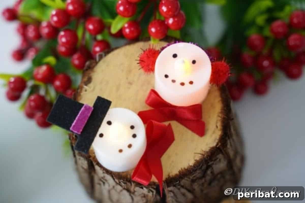 Two completed Christmas candles, a Santa and a Snowman, resting on a rustic slice of wood