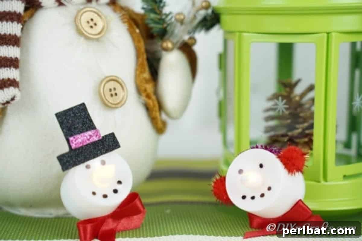 Christmas candles, adorned as Santa and Snowman, displayed on a green counter amidst other holiday decorations