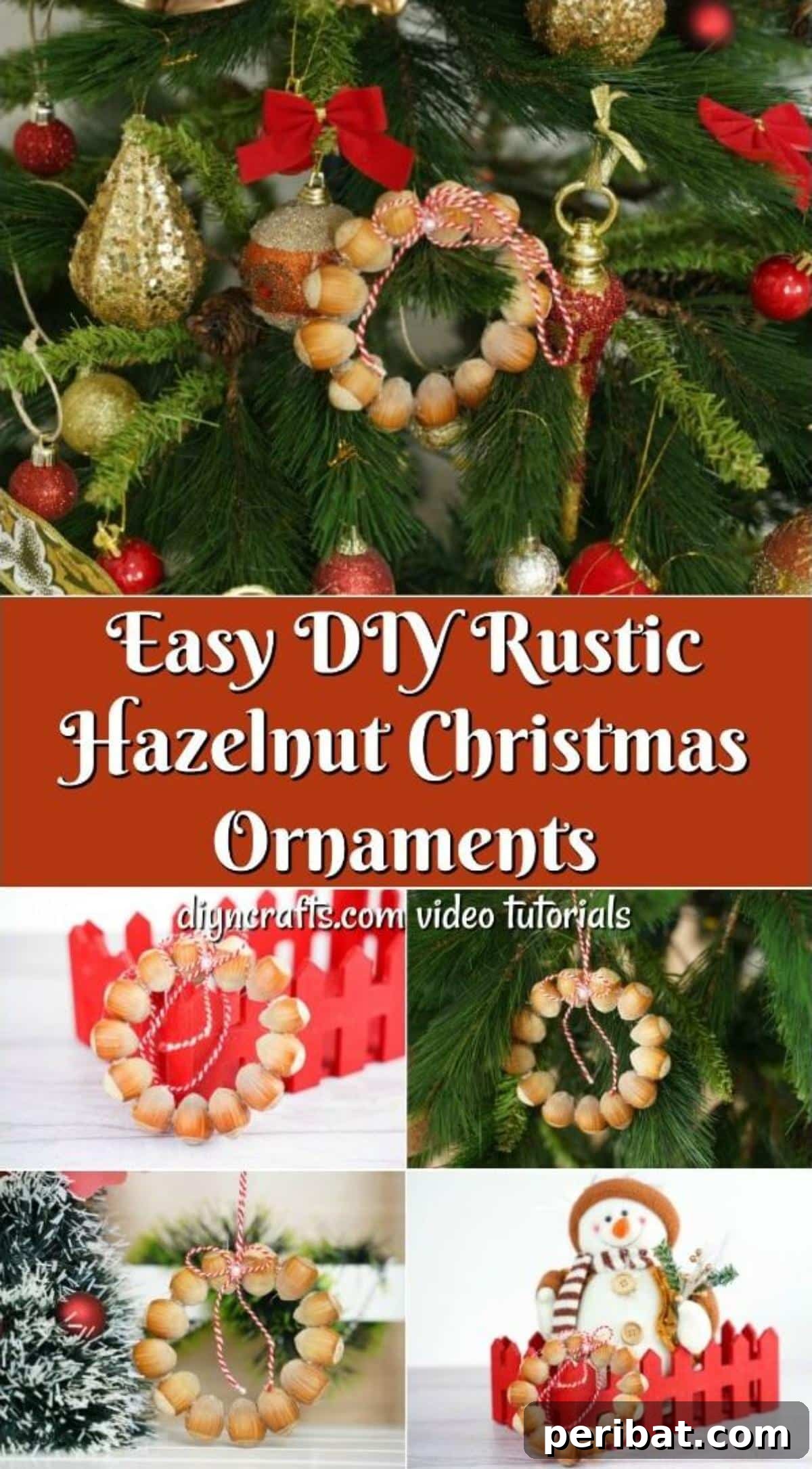 Handmade Rustic Hazelnut Christmas Ornaments 2 A collage image of rustic hazelnut Christmas ornaments on a tree, showcasing their natural beauty and handmade appeal.
