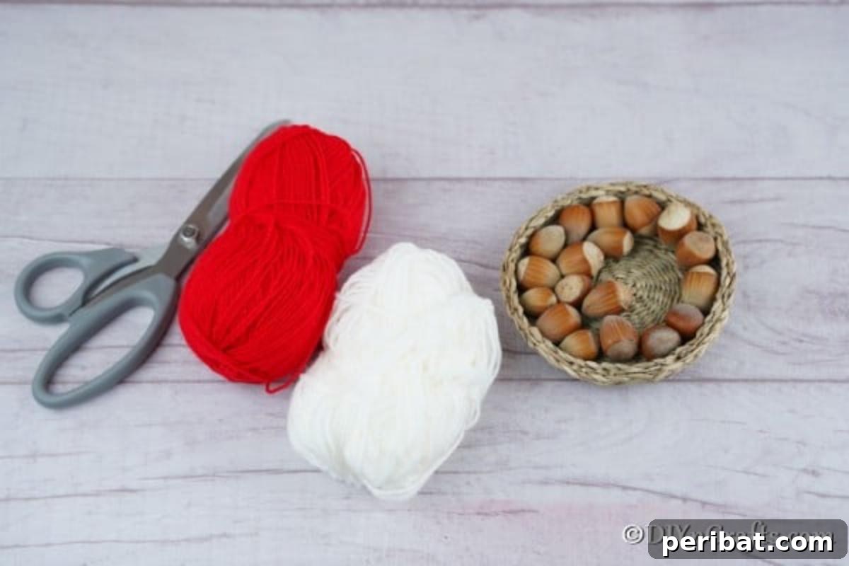 Handmade Rustic Hazelnut Christmas Ornaments 6 A curated display of supplies needed for crafting a rustic hazelnut Christmas ornament wreath, including nuts, glue, and ribbon.