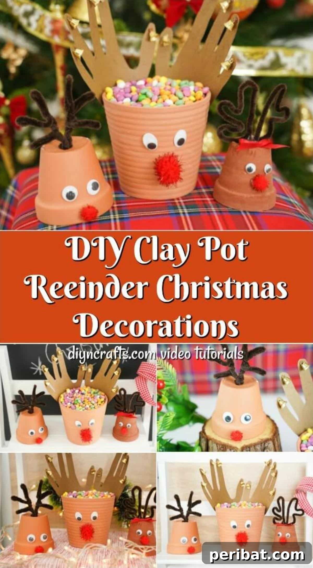 Whimsical Clay Pot Reindeer Christmas Creations 2 A vibrant collage showcasing the step-by-step creation of charming reindeer Christmas decorations using basic flower pots and assorted craft supplies, highlighting the festive transformation.