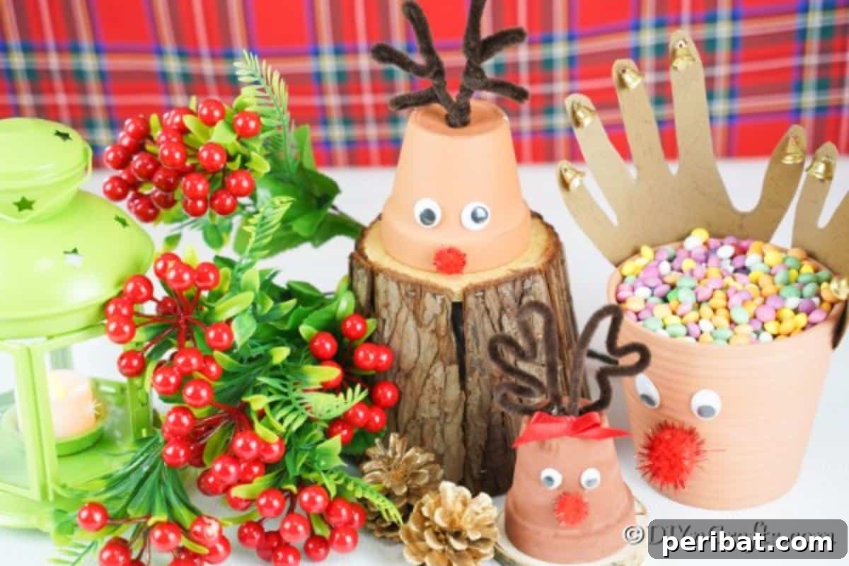 Whimsical Clay Pot Reindeer Christmas Creations 3 A festive display of handmade reindeer Christmas decorations made from flower pots, arranged beautifully on a rustic wooden table alongside other diverse holiday decor elements, creating a charming seasonal vignette.
