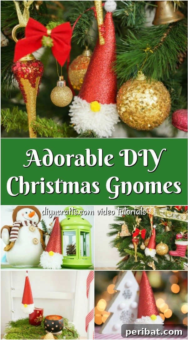 Christmas gnome ornament on a pink backdrop with pinecones