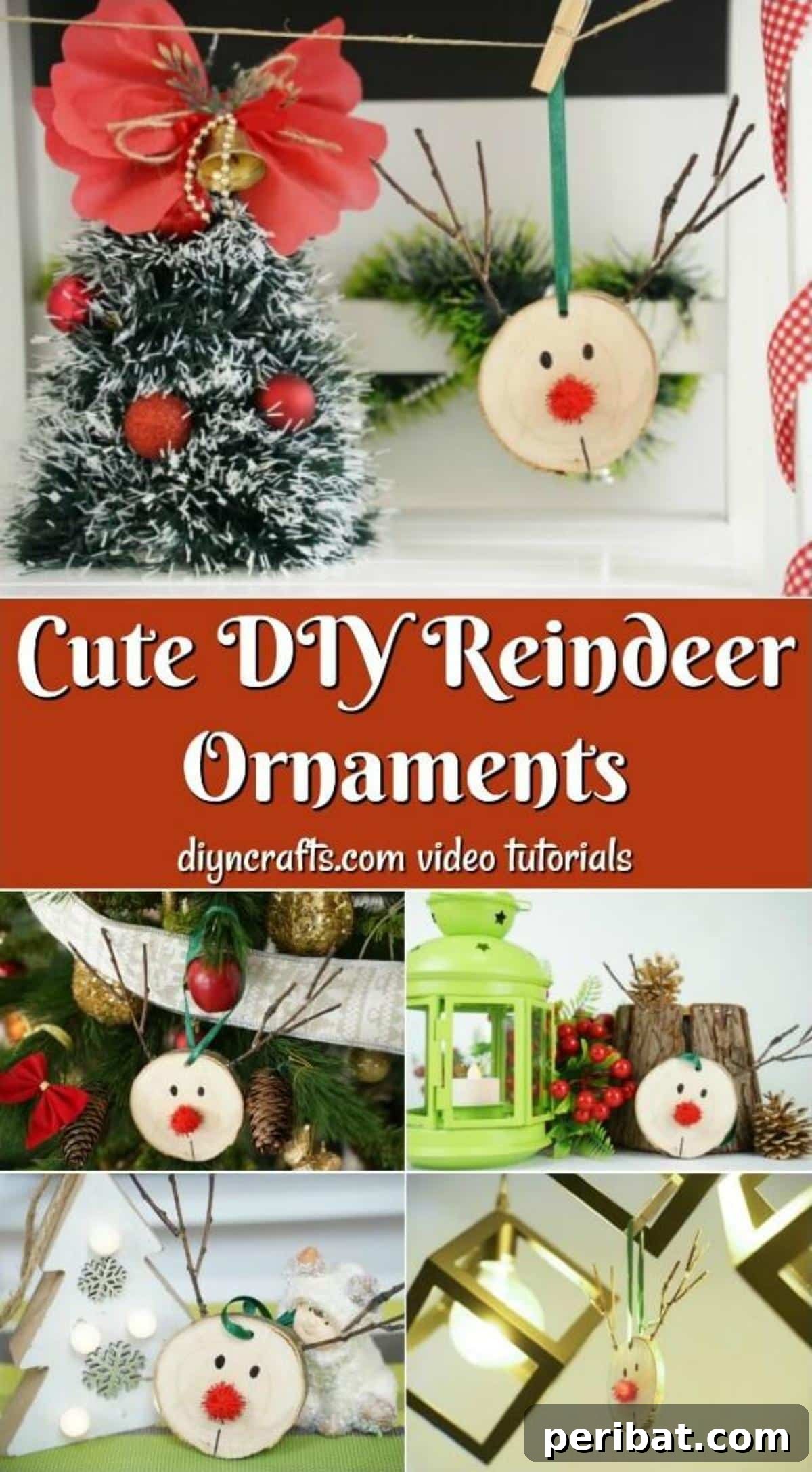 A collage image of DIY rudolf reindeer ornaments showcasing various stages of creation and the final product.