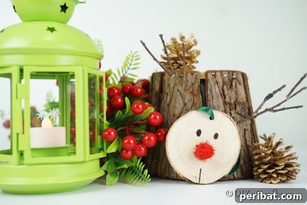 A wood slice reindeer ornament on a table next to a green lantern, serving as the main image for the craft summary.