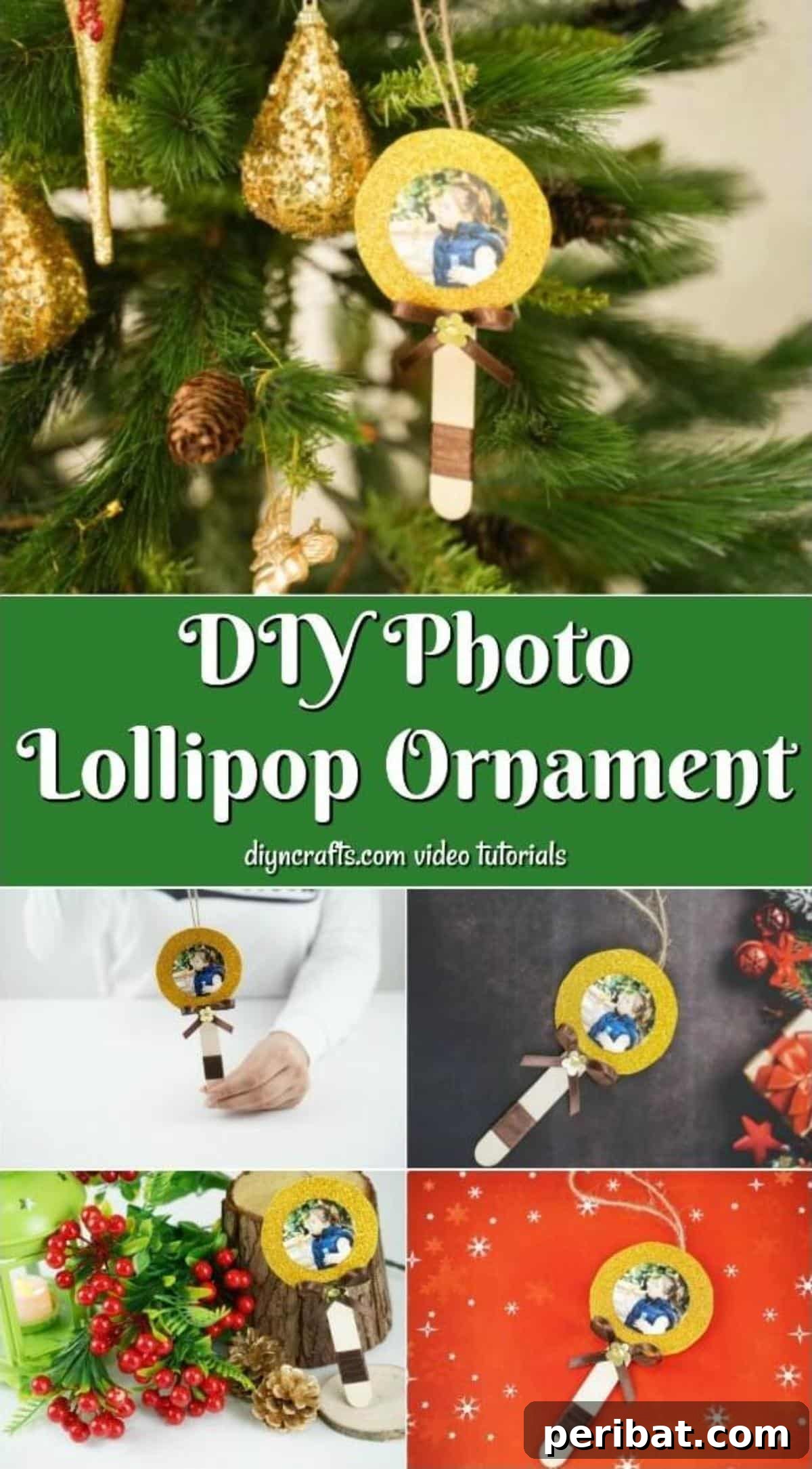 Sweet Memories: Craft Stick Photo Lollipops 2 A collage featuring various craft stick lollipop photo ornaments displayed in festive settings, highlighting their customizability and charm.
