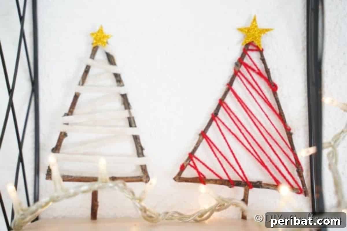 Rustic christmas tree ornaments made from twigs sitting on a white shelf