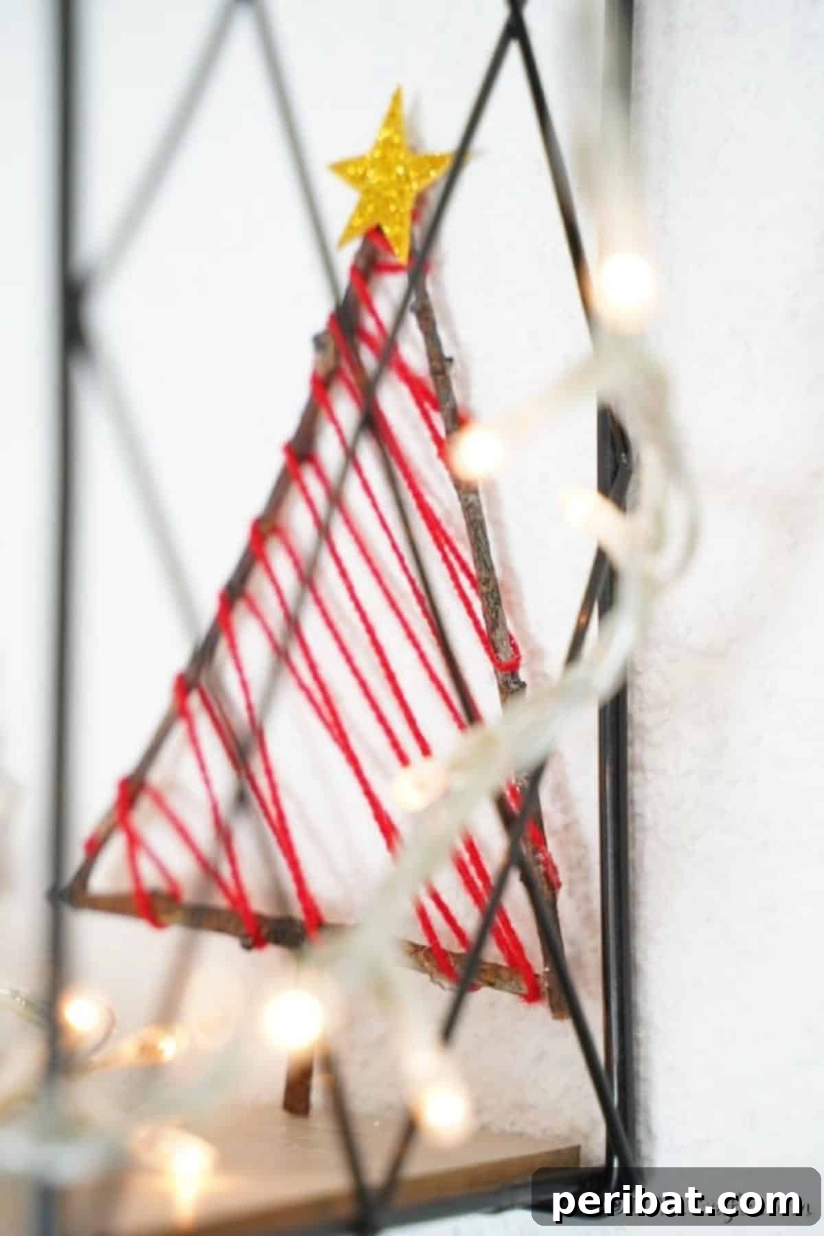Up close picture of a rustic twig christmas ornament