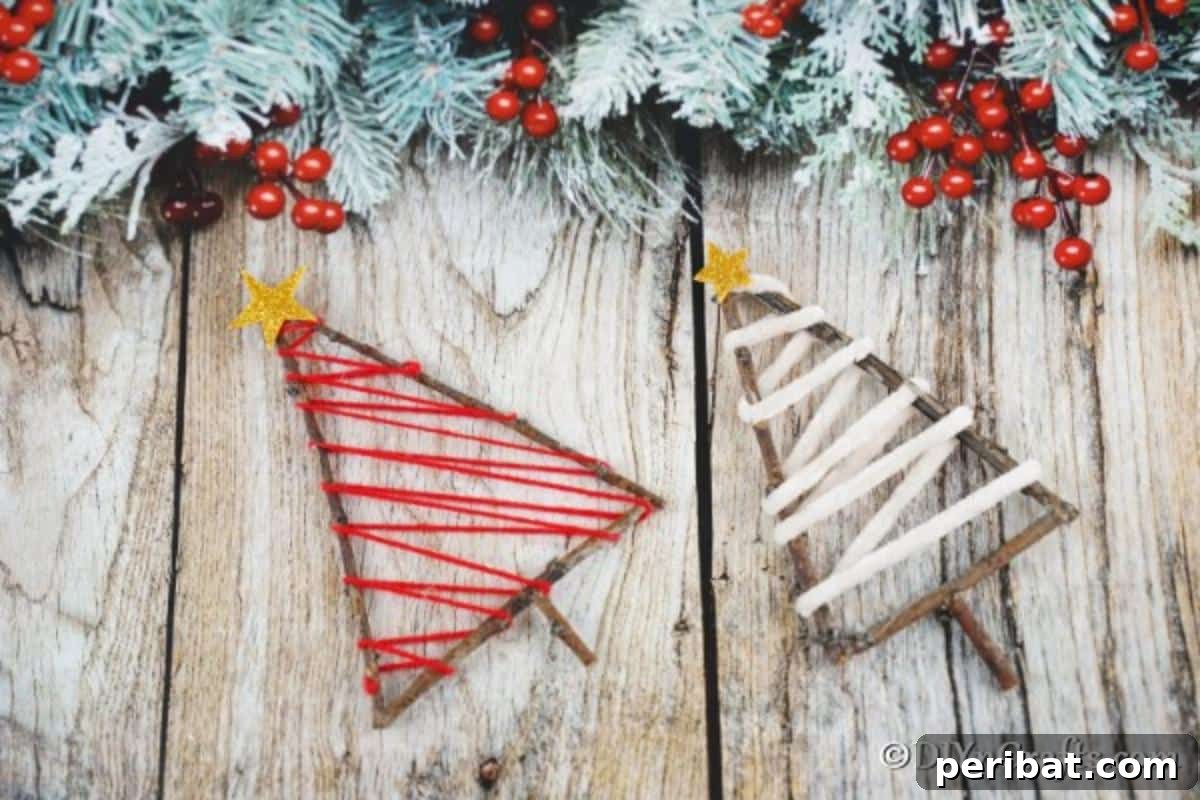 Two twig rustic ornaments for the holidays laying on a wooden table with holiday decorations