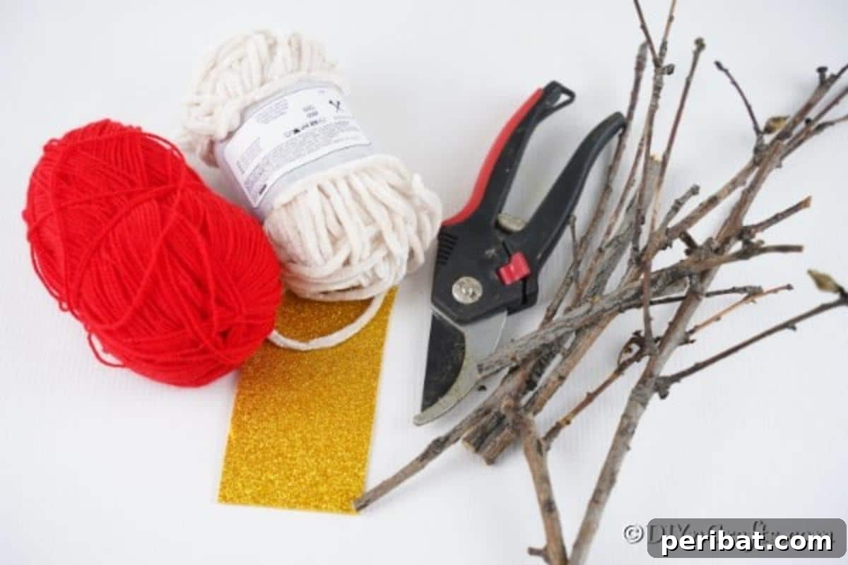 Supplies needed to make twig rustic ornaments for the Christmas tree