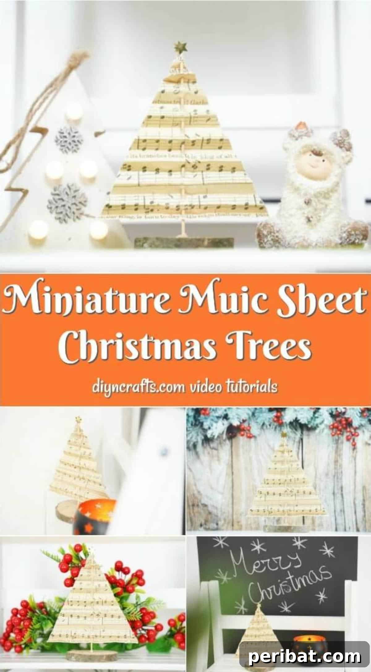 Melody-Folded Christmas Tree 2 Collage image of how to display miniature music sheet Christmas trees, showcasing their elegant appeal as holiday decor.