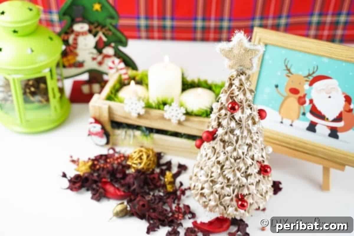 Creative Pasta Christmas Ornaments 5 A charming pasta Christmas tree artfully arranged on a shelf, complementing an array of other festive holiday decor elements.