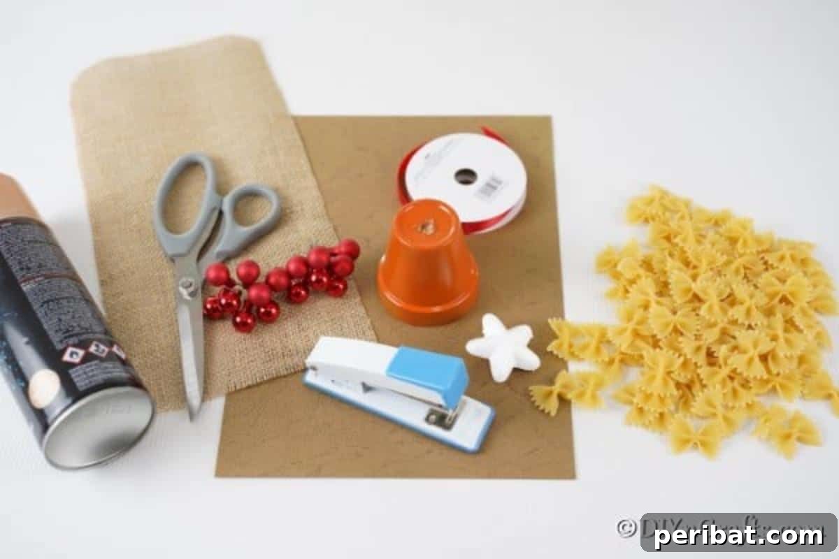 Creative Pasta Christmas Ornaments 7 A neatly arranged collection of ingredients and tools required to craft a charming Christmas tree from pasta.