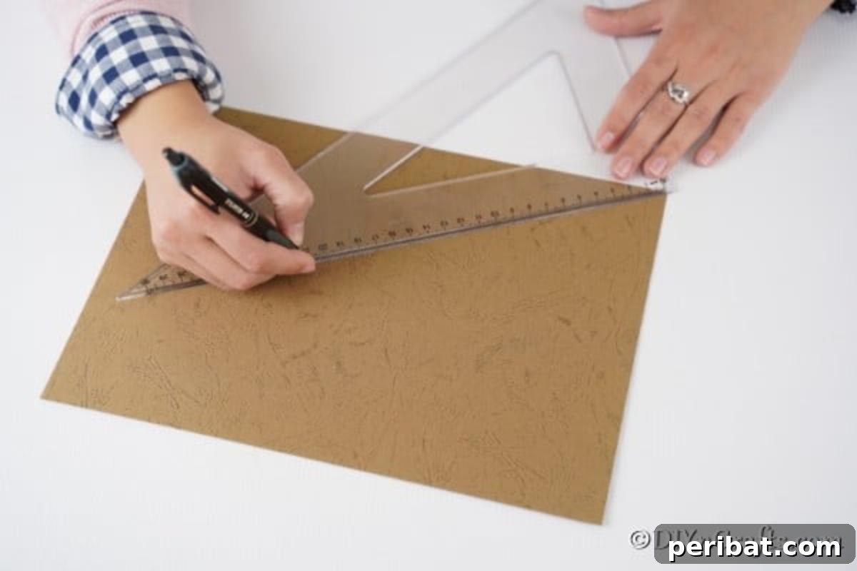 Creative Pasta Christmas Ornaments 8 Tracing a precise arc on a piece of cardboard, marking the initial step for creating the Christmas tree cone base.