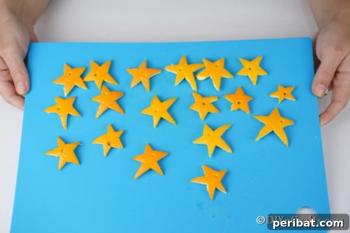 Rustic Chic Orange Peel Star Winter Garland 10 A tray of orange stars with holes ready to be threaded onto a garland