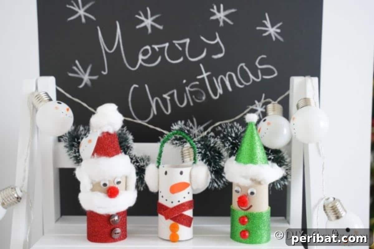 Upcycled Toilet Roll Santa Snowman and Elf for Kids 5 Three charming toilet paper roll Christmas crafts displayed against a festive holiday chalkboard background.