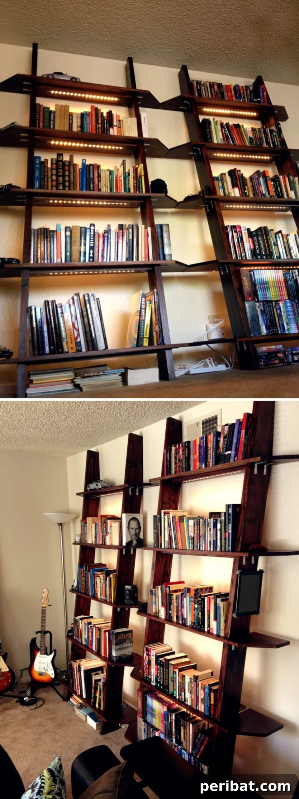 Leaning Bookshelves with Lighting