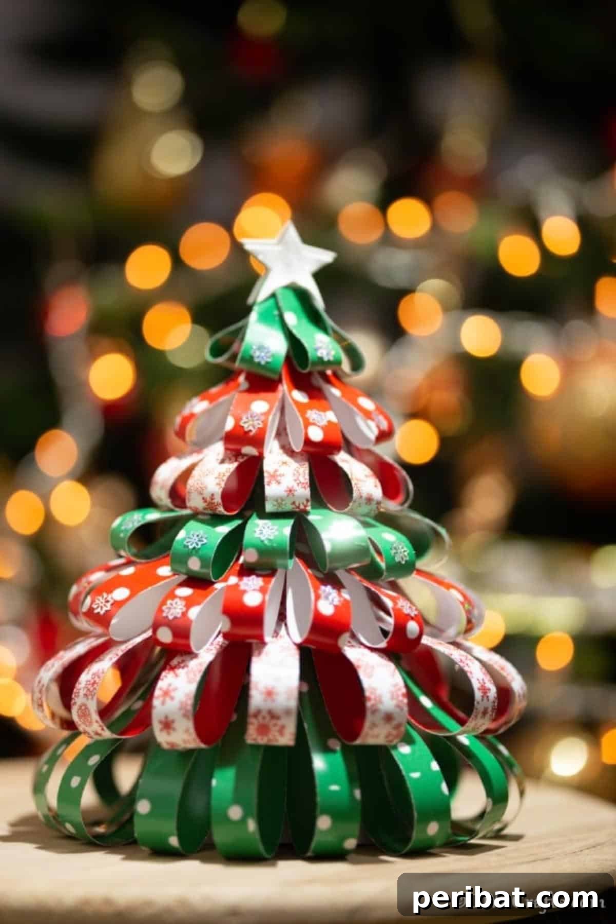 Festive Paper Strip Christmas Tree Delight 5 A paper strip mini Christmas tree in front of a real tree