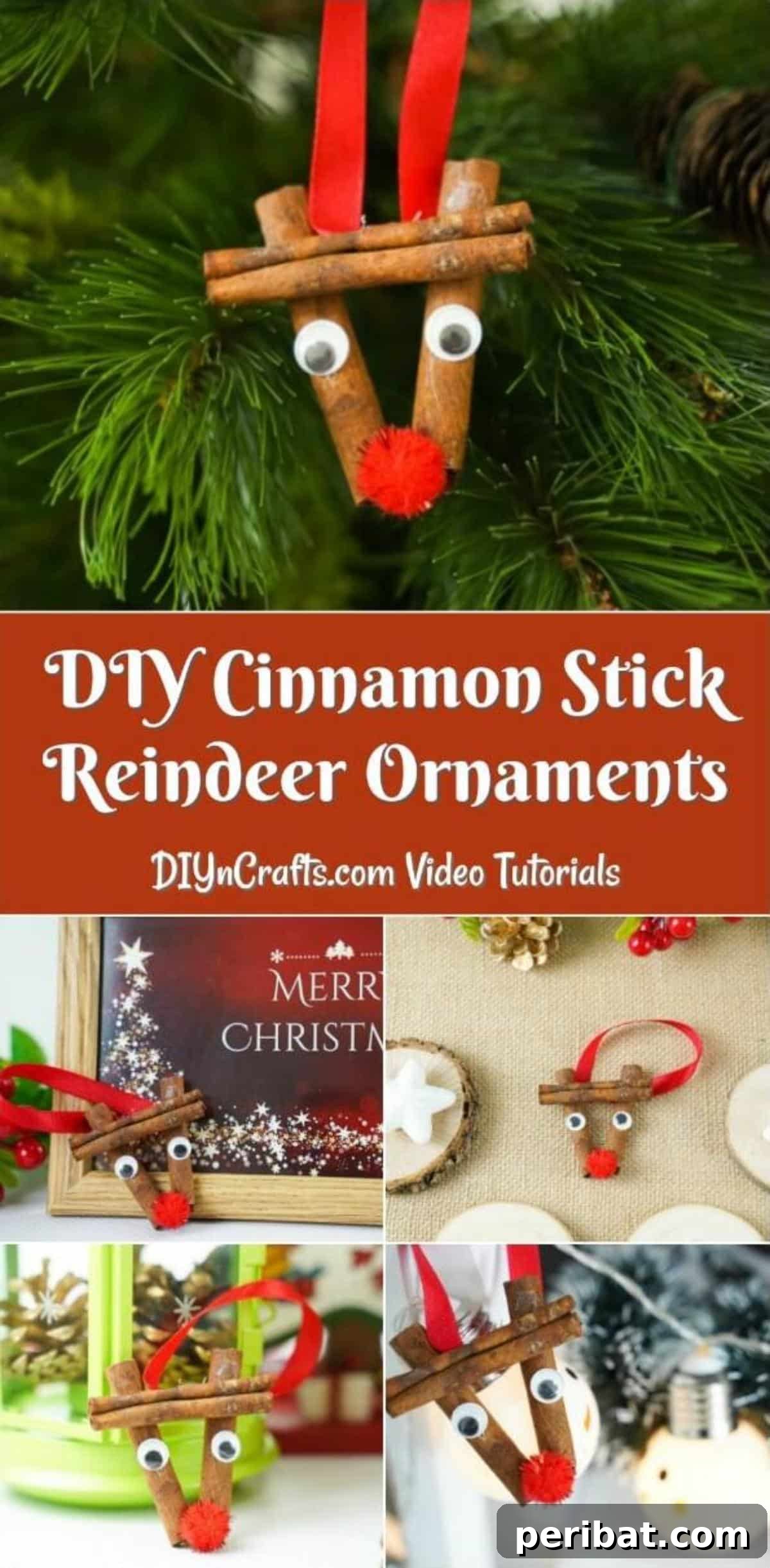Cinnamon stick reindeer ornaments being displayed on a tree