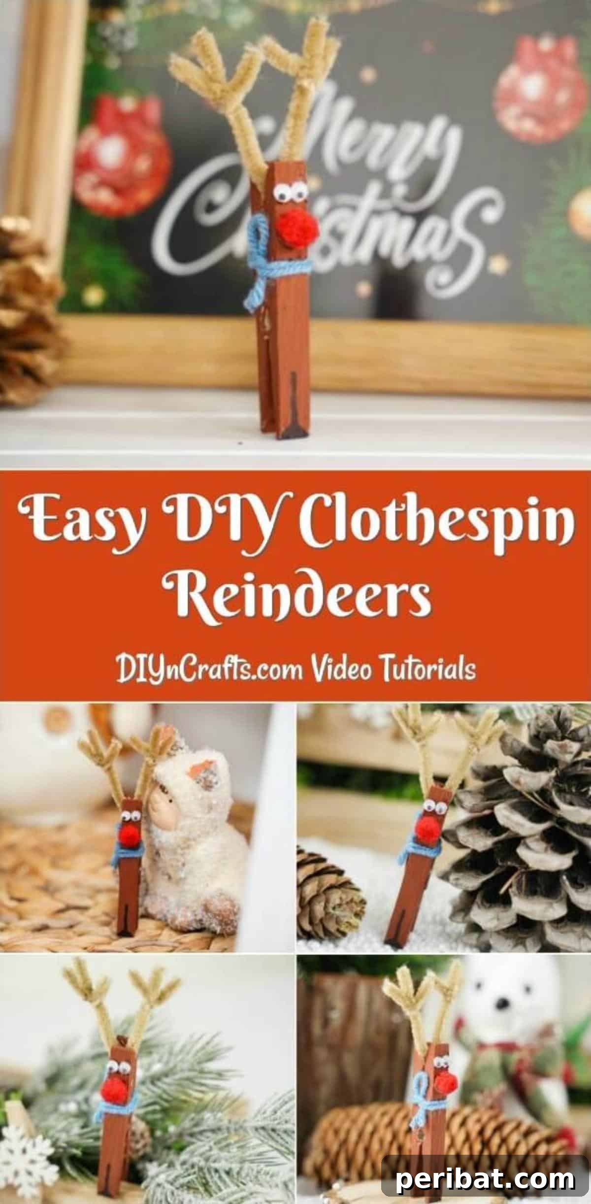 Transform Clothespins Into Adorable Reindeer Ornaments 2 Large collage image of clothespin reindeer ornaments being displayed