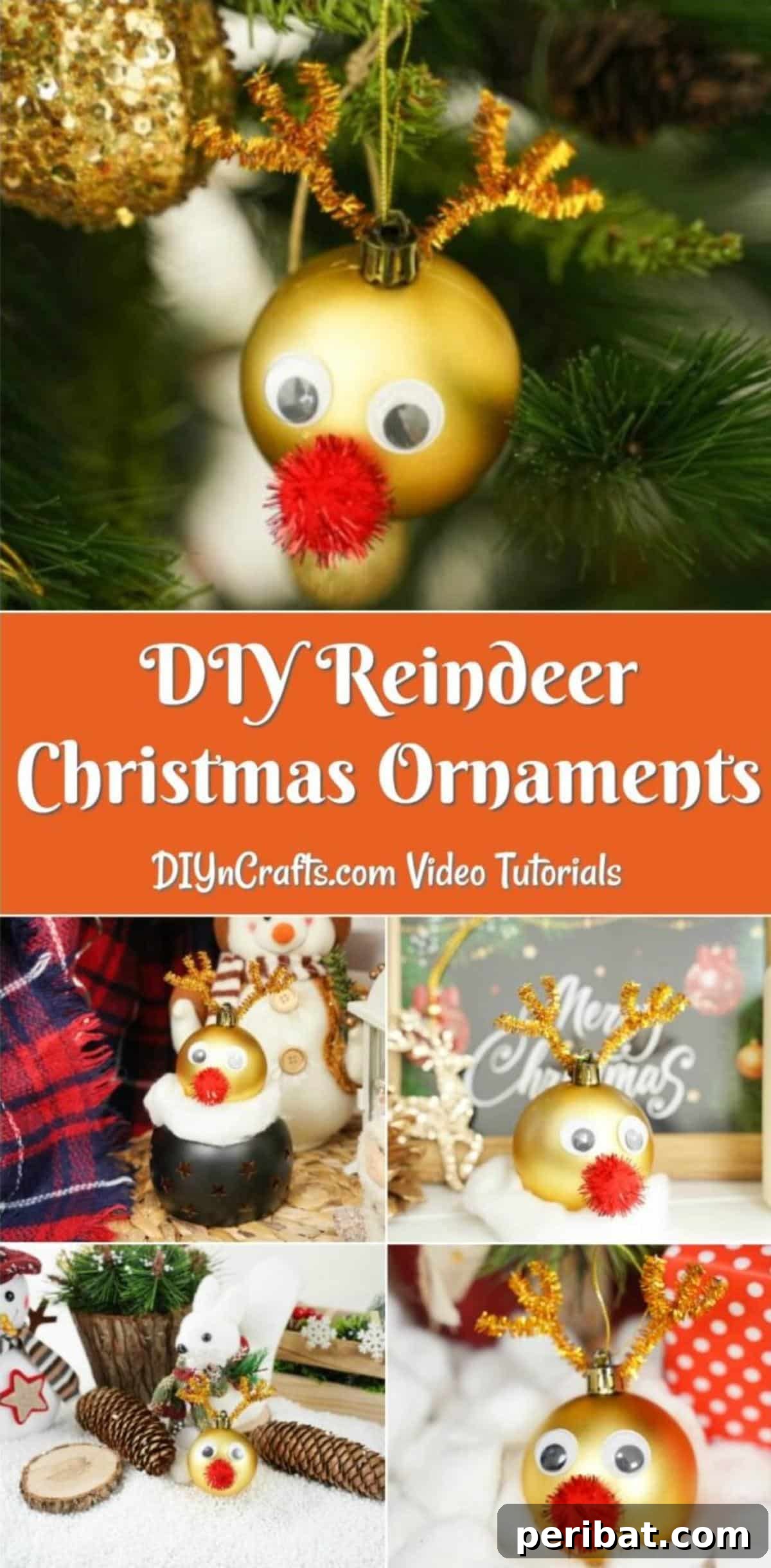 Rudolph's Dazzling Christmas Tree Bauble 2 Large collage displaying various reindeer Christmas ornaments, including a prominent gold Rudolph ornament, alongside craft supplies and decorated Christmas trees.