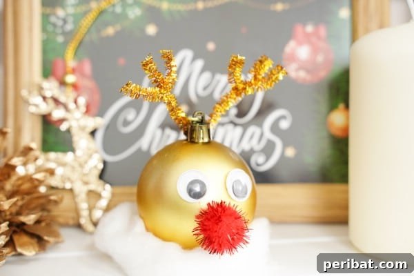 Shiny Rudolph the Red-Nosed Reindeer Christmas Ornament, a detailed close-up view of the finished craft, ready to be hung.