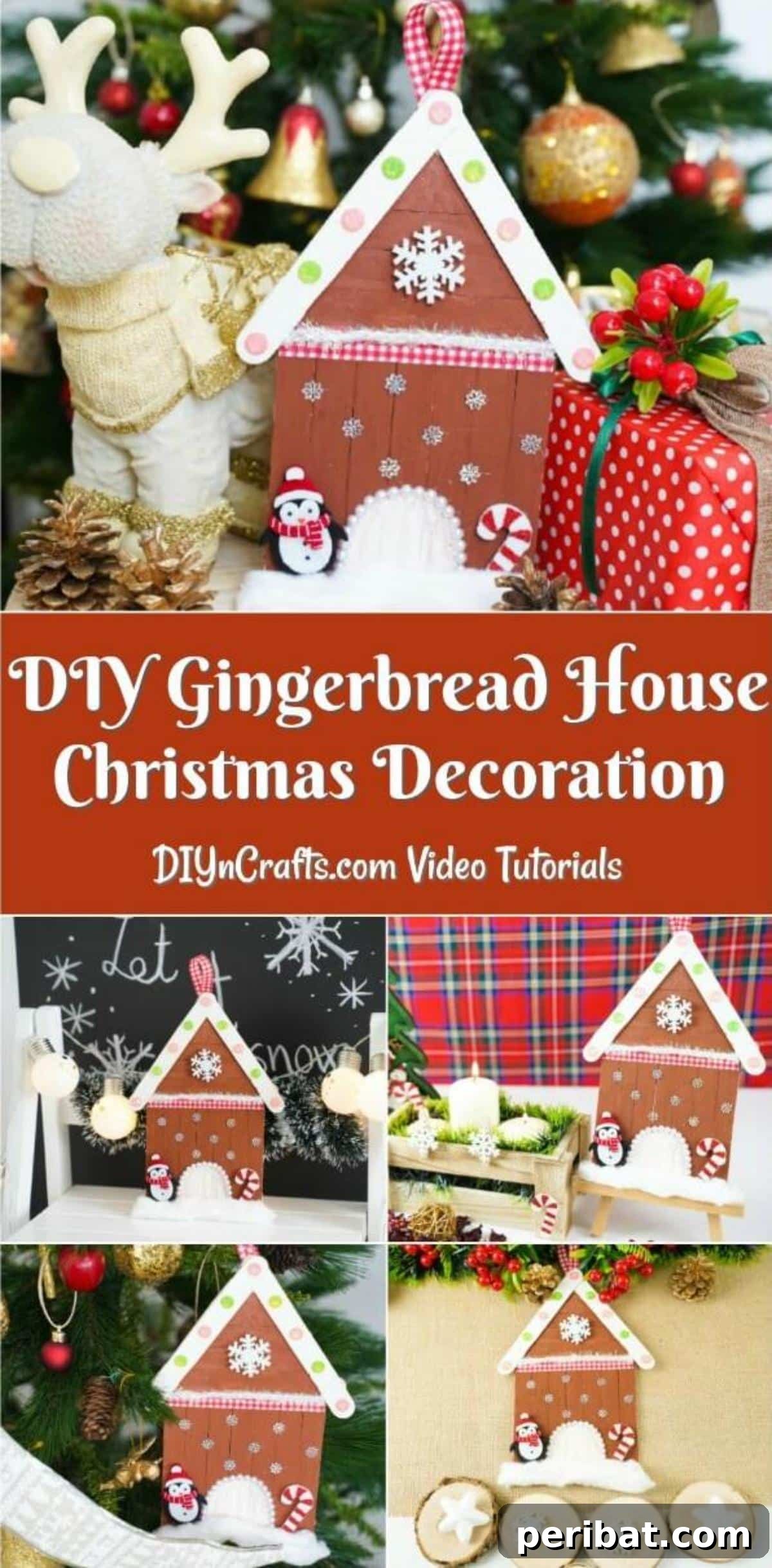 Whimsical Wooden Gingerbread House Charm 2 Collage image of a charming craft stick gingerbread house Christmas ornament idea, beautifully decorated with festive accents