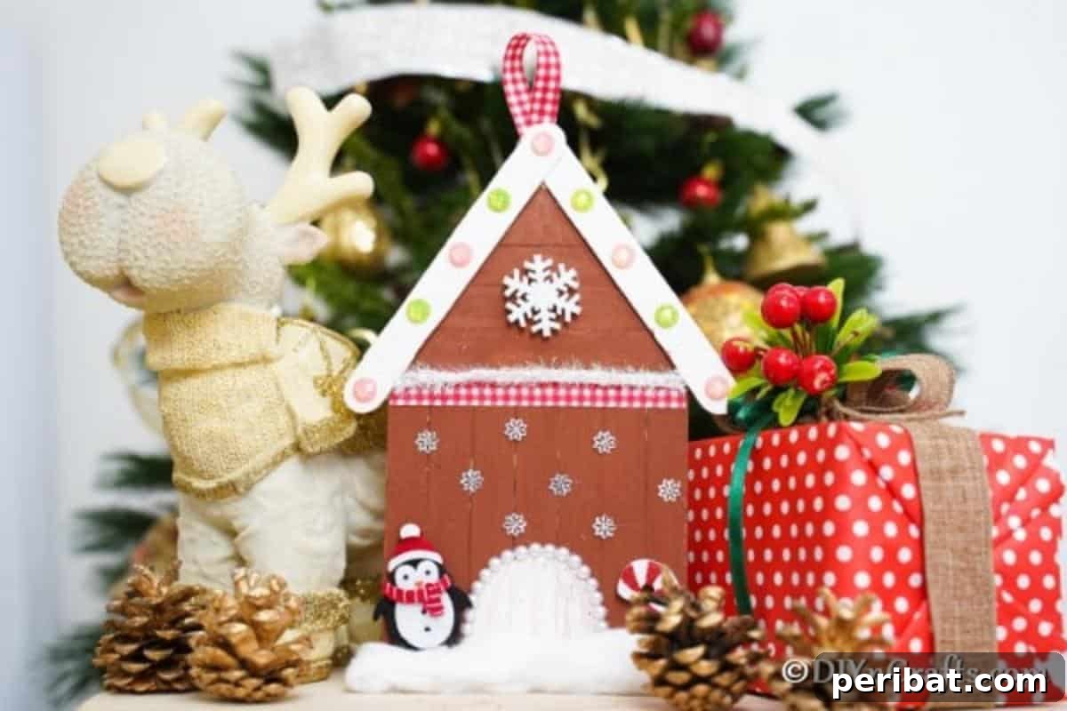 Whimsical Wooden Gingerbread House Charm 3 Charming craft stick gingerbread house ornament resting beside a cute reindeer decoration, both ready for holiday display