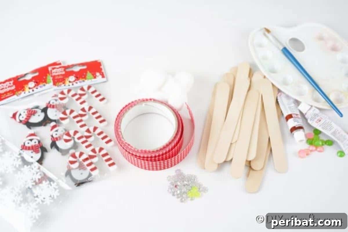 Whimsical Wooden Gingerbread House Charm 6 Arrangement of supplies needed to make a craft stick gingerbread house ornament, including sticks, paints, and decorations