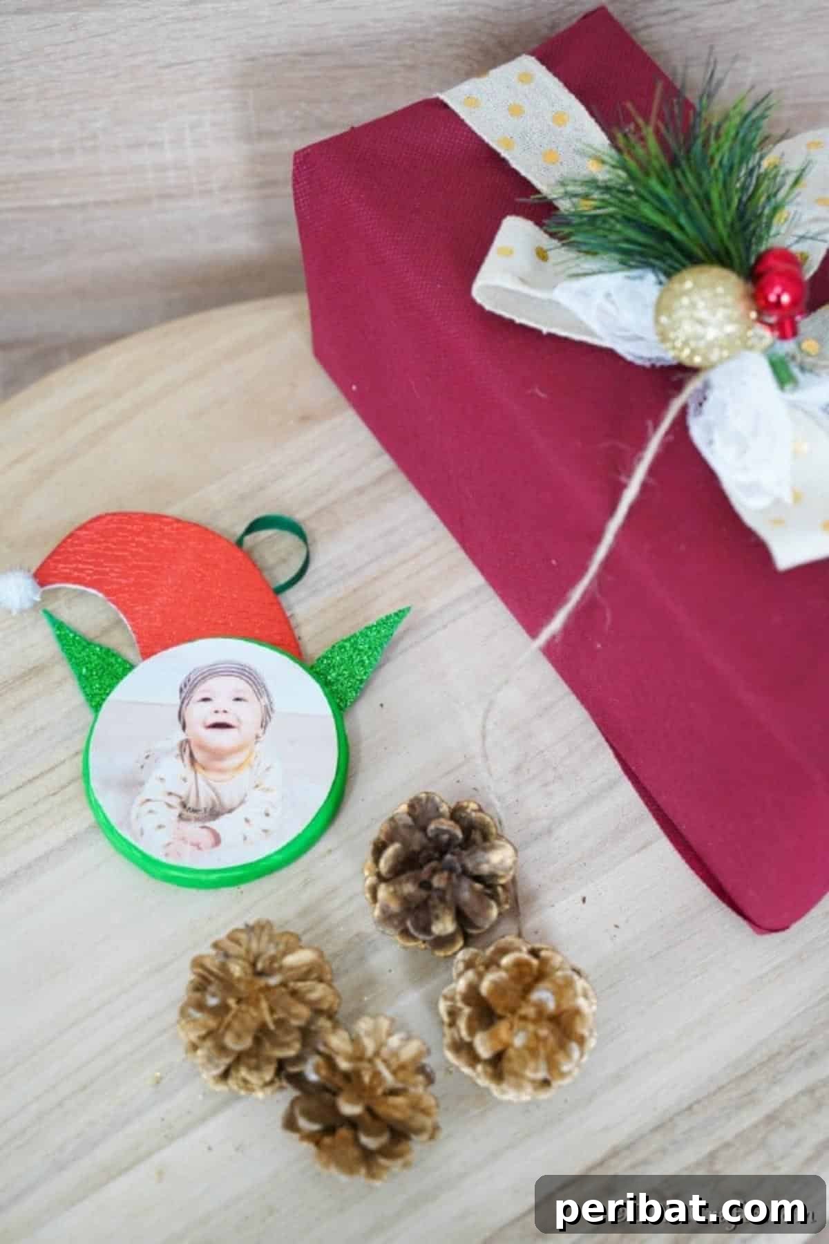 Whimsical Elf Photo Ornaments 5 Elf on the Shelf Ornament on a wooden table with holiday decor