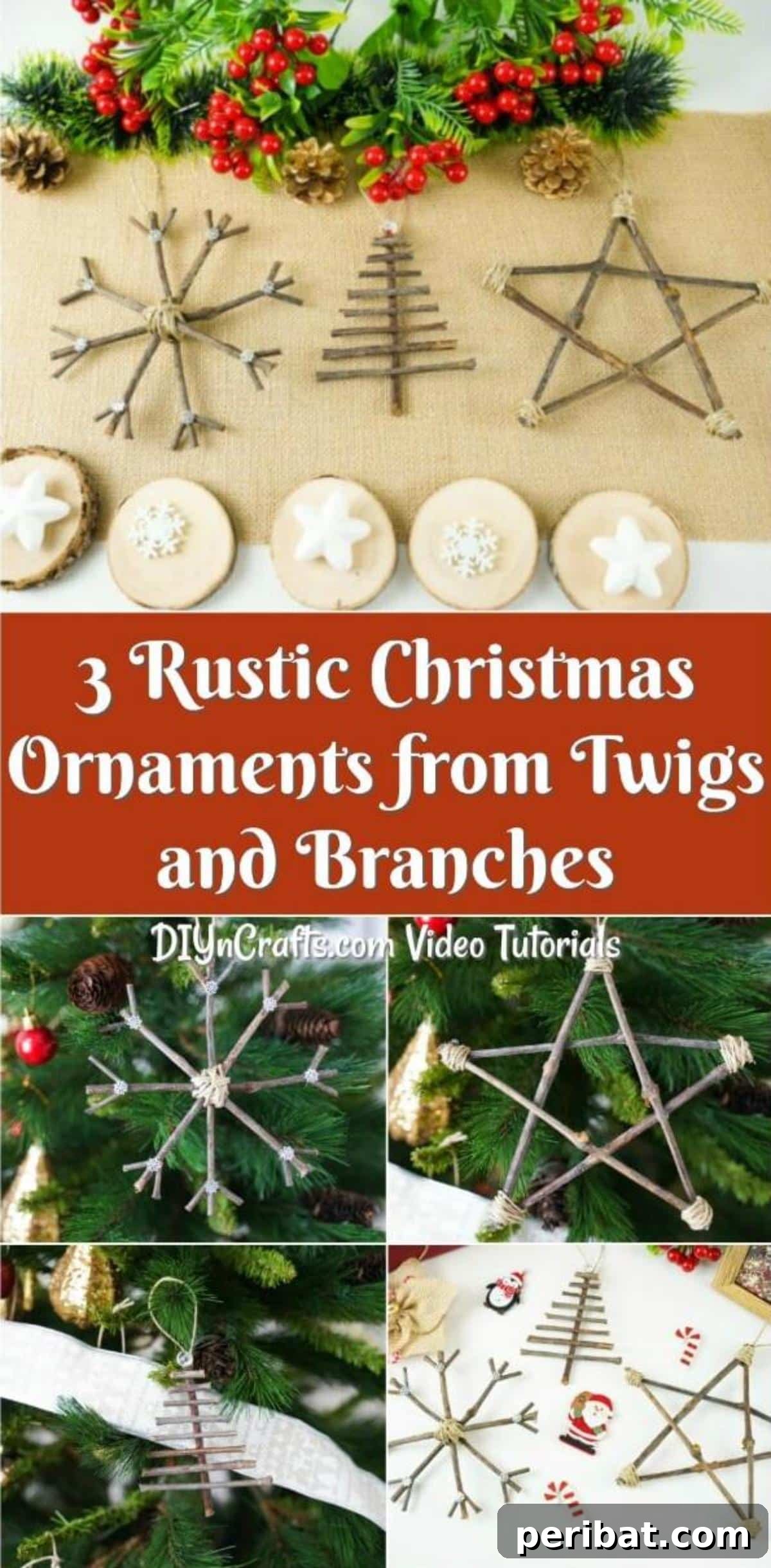 DIY Rustic Twig and Branch Christmas Ornaments 2 Collage image of a star snowflake and tree rustic Christmas ornaments made from twigs, perfect for a natural holiday aesthetic.