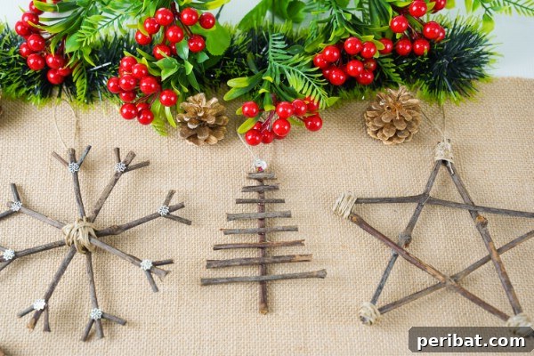A trio of charming rustic Christmas ornaments crafted from twigs and branches, including a star, tree, and snowflake.