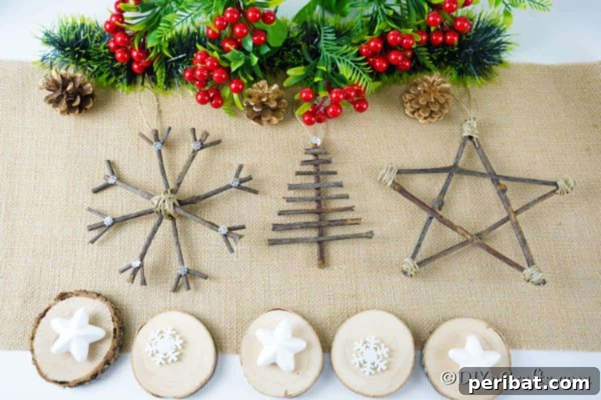 DIY Rustic Twig and Branch Christmas Ornaments 3 Three rustic Christmas ornaments, a star, tree, and snowflake, beautifully displayed on a piece of burlap.