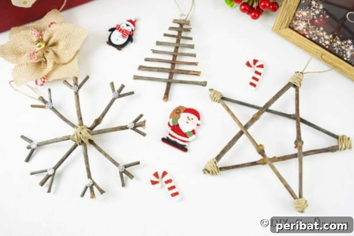 DIY Rustic Twig and Branch Christmas Ornaments 4 Three rustic Christmas ornaments crafted from twigs, thoughtfully arranged on a table amidst other festive holiday decorations.