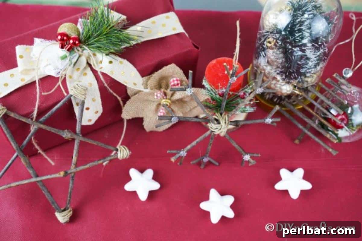 DIY Rustic Twig and Branch Christmas Ornaments 5 Rustic twig ornaments displayed elegantly on a maroon tablecloth, highlighting their natural beauty.