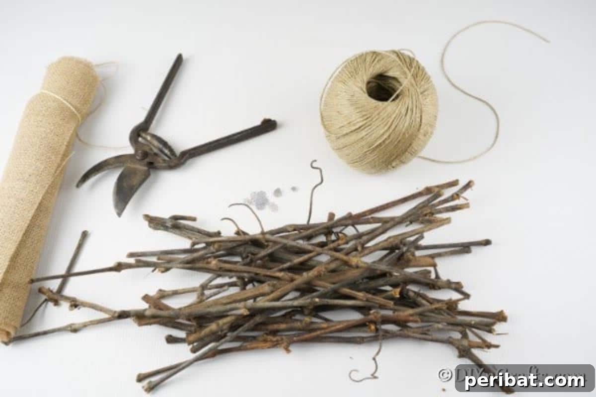 DIY Rustic Twig and Branch Christmas Ornaments 6 A collection of supplies neatly arranged for making a rustic Christmas ornament, including twigs, twine, scissors, and a hot glue gun.