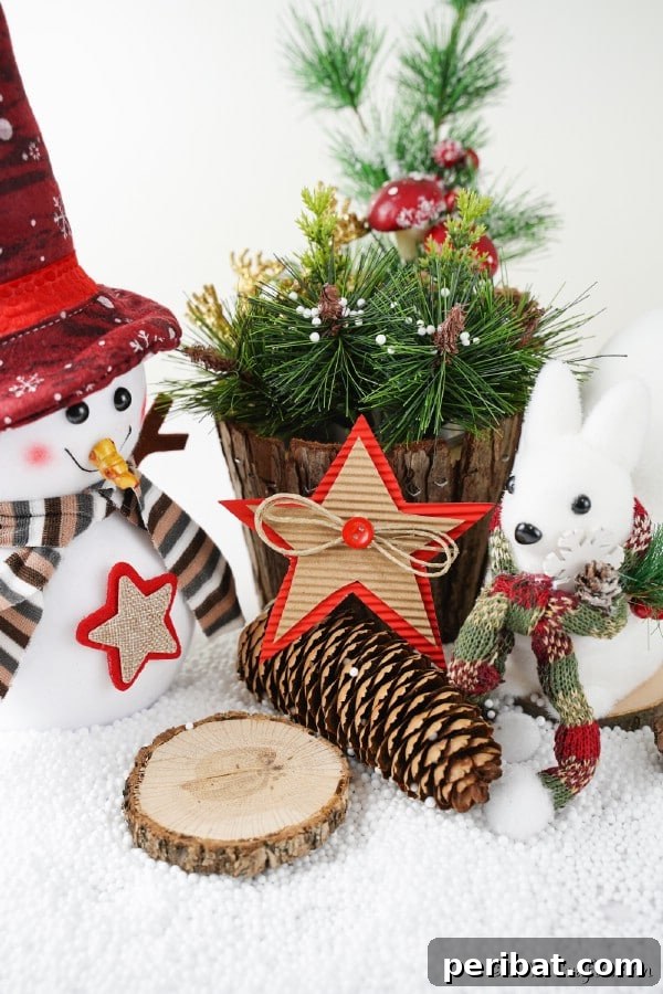 A rustic cardboard Christmas star leaning against a wooden stump