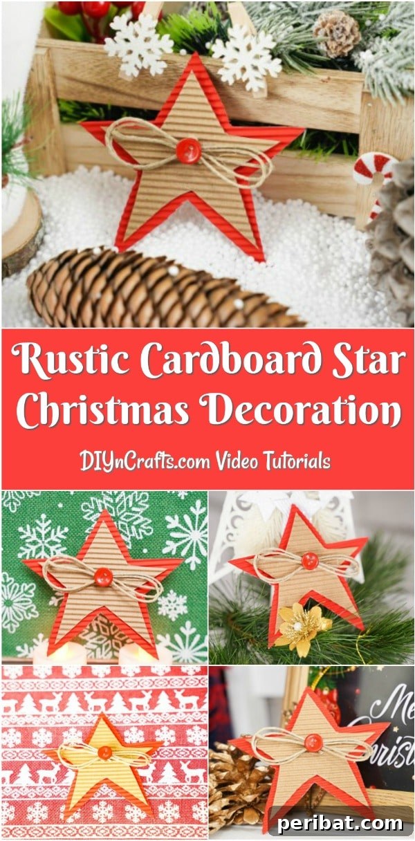Rustic cardboard Christmas star leaning against a wooden stump, perfect for a Pinterest pin