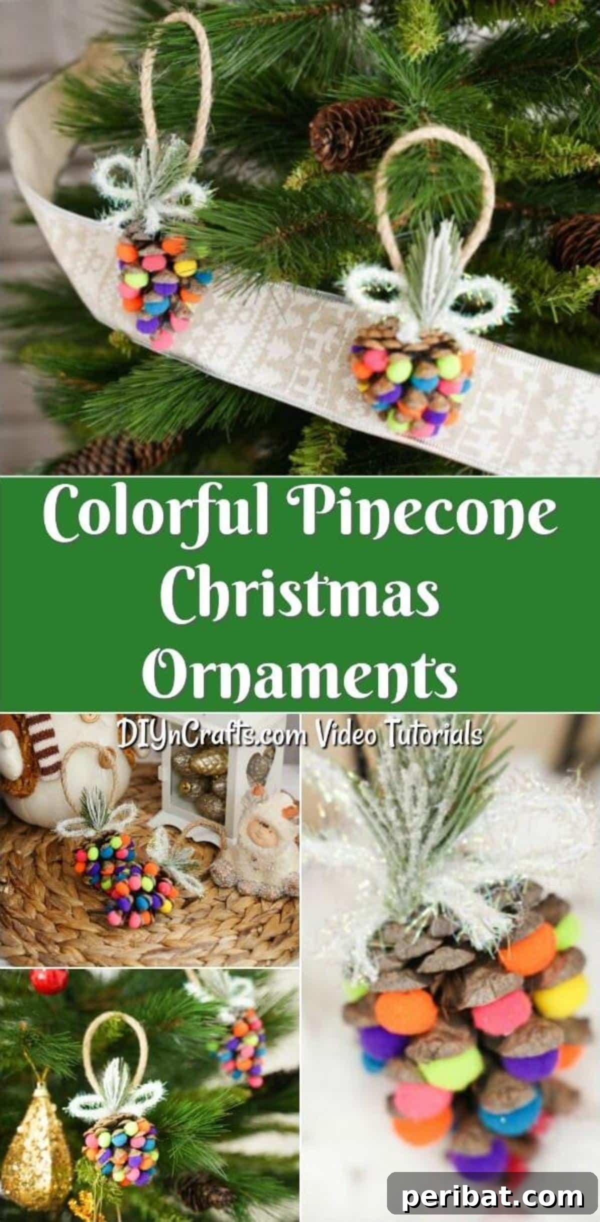 Vibrant Pinecone Christmas Decorations 2 Large collage image of colorful pinecone ornaments being displayed, highlighting their festive appeal.