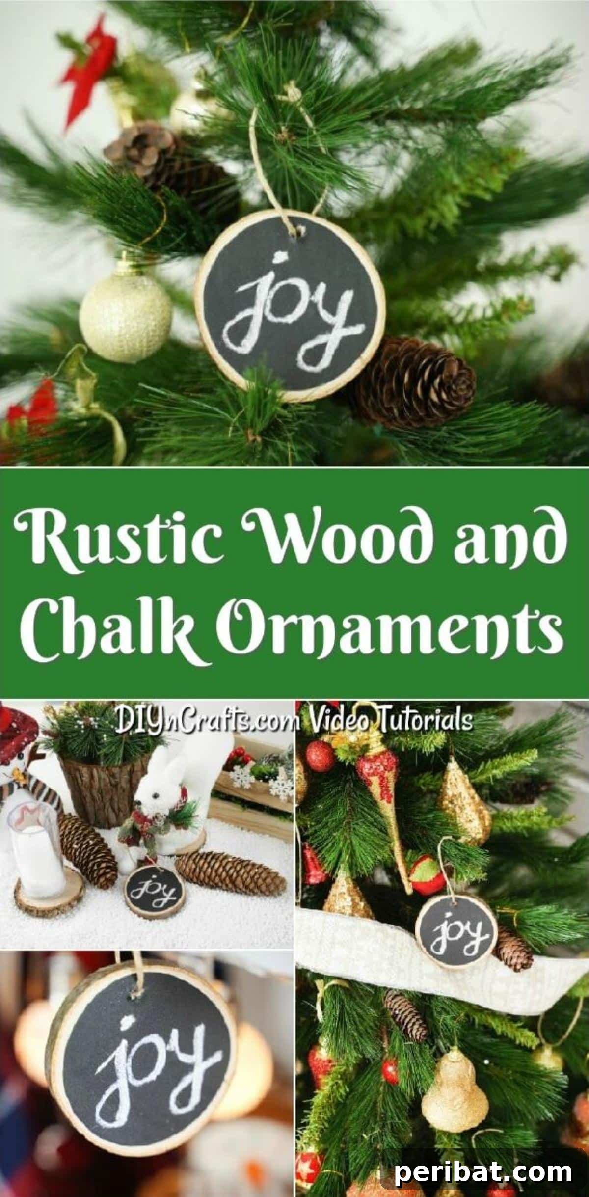 Rustic Wood Slice Chalkboard Charm 2 Collage image of a wood slice chalkboard ornament displaying various designs and messages, highlighting its versatility as a personalized Christmas decoration.
