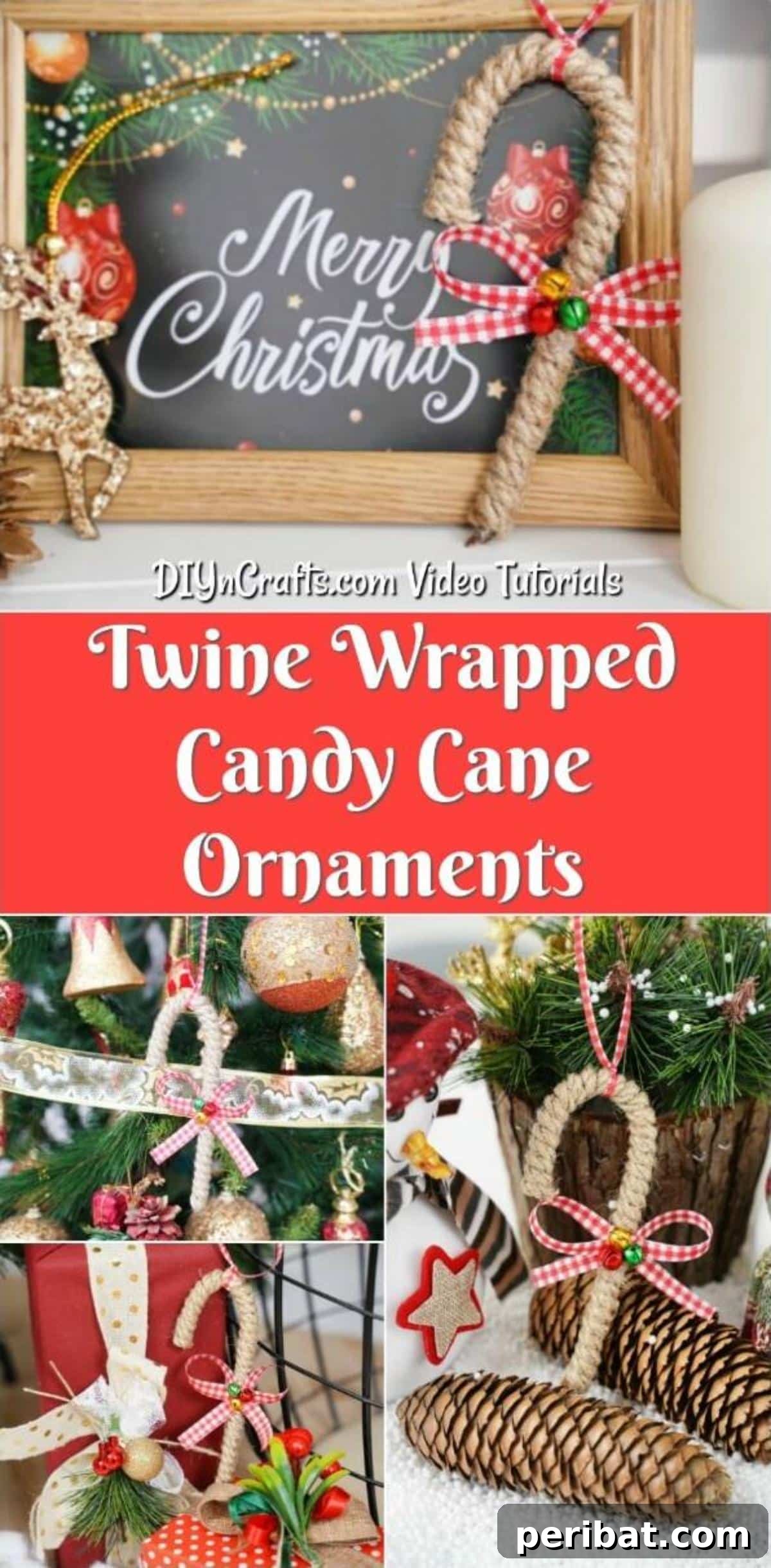 Farmhouse Jute Candy Cane Bauble 2 Collage image of a rustic candy cane ornament being displayed