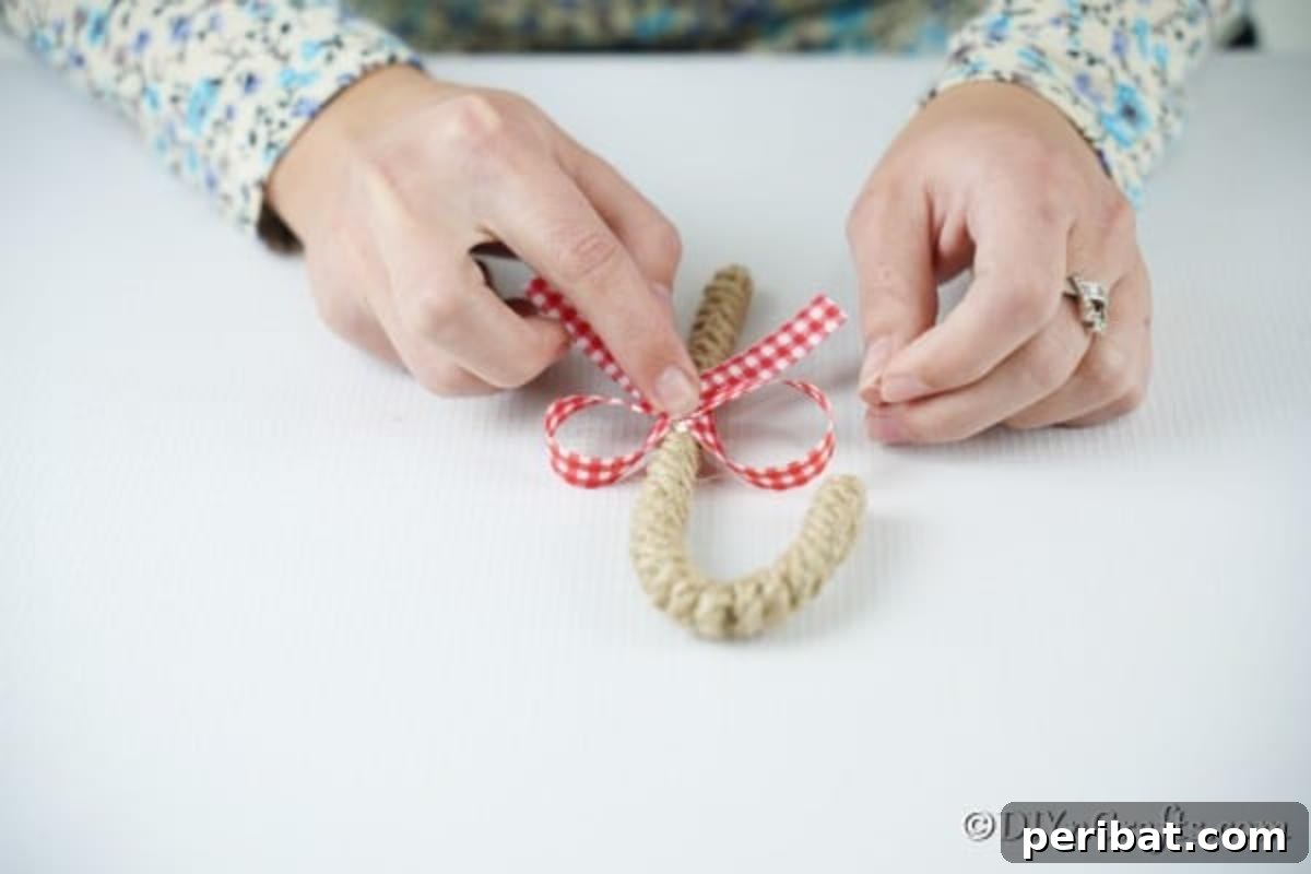 Farmhouse Jute Candy Cane Bauble 11 Making a checked ribbon bow for an ornament