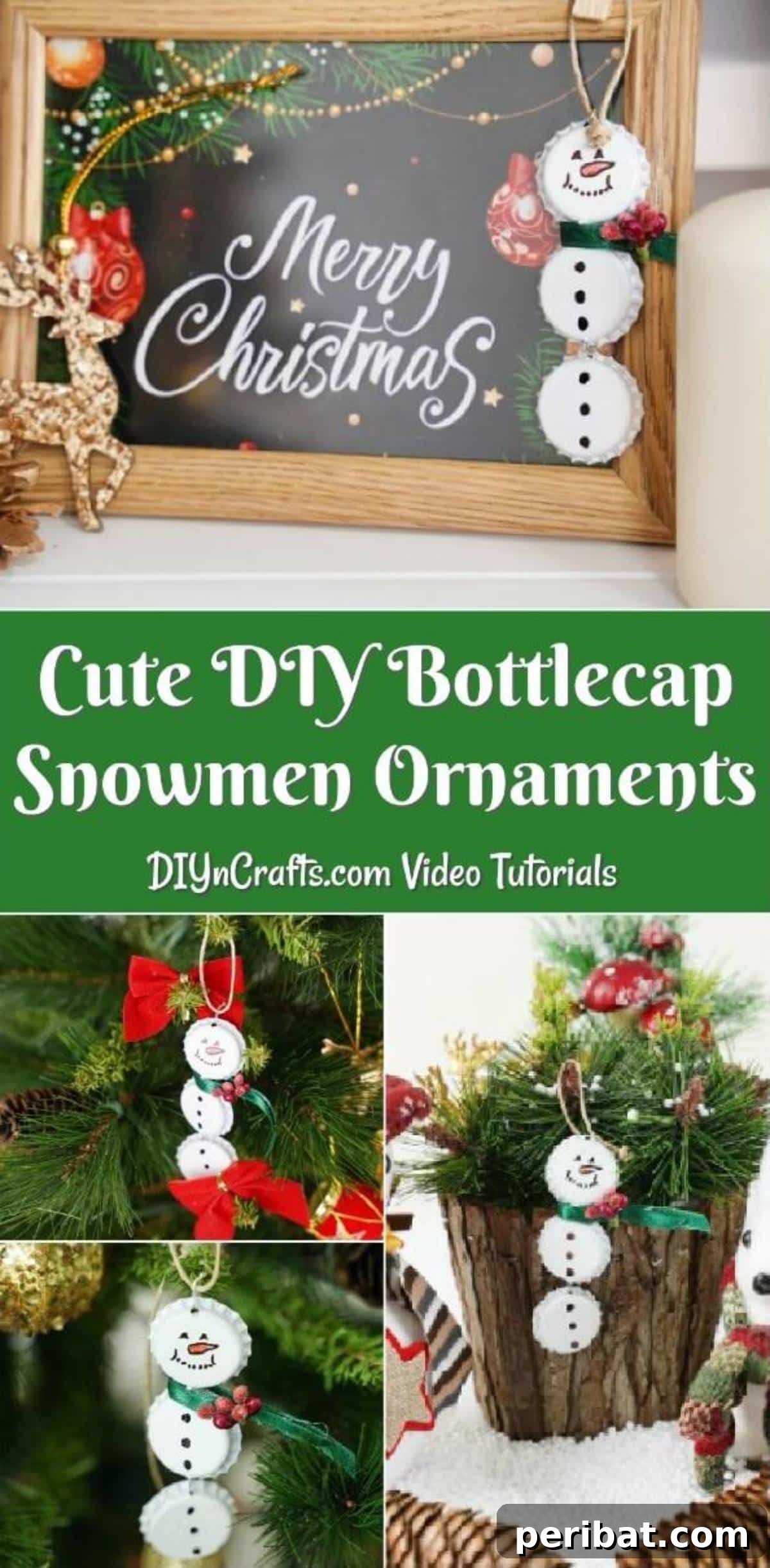 Upcycled Bottle Cap Snowman Charms 2 Collage picture of snowman ornaments made from bottle caps hanging in various places in Christmas decor