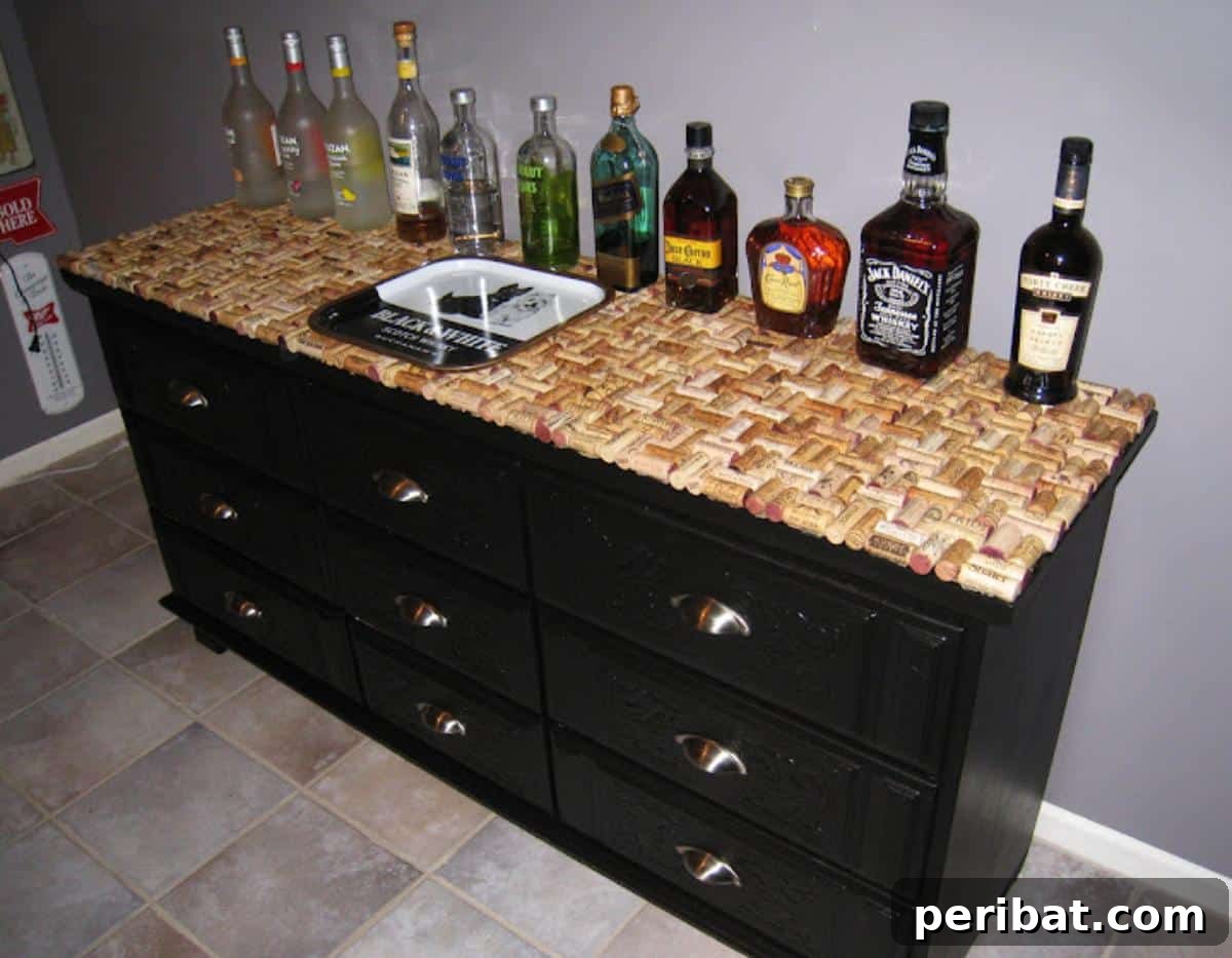 Uncork Your Creativity with DIY Wine Cork Projects 14 Dresser upcycled with a top surface made of wine corks