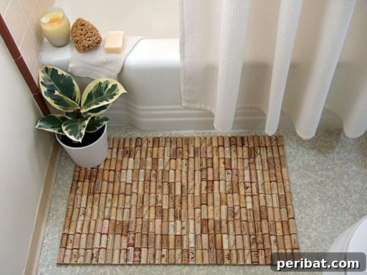 Uncork Your Creativity with DIY Wine Cork Projects 17 Bath mat made from wine corks cut in half and glued to a liner